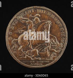 Gaspare Molas umgekehrte Darstellung des Heiligen Georg und des Drachen zeigt den Heiligen Georg zu Pferd, Drachen, Lanze, Schild, dynamische Action, Landschaft und heldenhafte Geste. Stockfoto