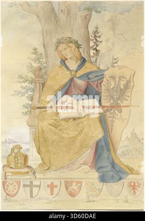 Ein zwischen 1833 und 1836 entstandenes Gemälde von Philipp Veit zeigt Germania, die Personifikation der deutschen Nation. Das Kunstwerk zeigt eine allegorische weibliche Figur, symbolische Attribute, expressive Geste und kompositorische Balance, die den deutschen romantischen Nationalismus des 19. Jahrhunderts widerspiegeln. Stockfoto