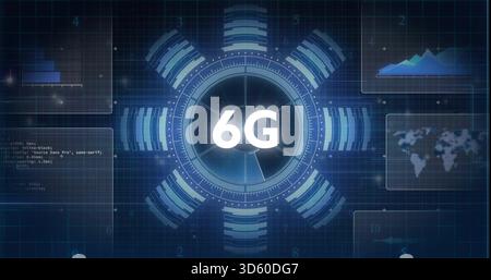Anzeige des zentralen runden HUD mit 6G in der Netzwerk-UI, leuchtenden Ringen und schwebenden Panels Stockfoto
