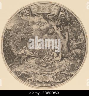 Ein Stich von Jan Theodor de Bry nach Abraham Bloemaert und Nicolaes de Bruyn mit dem Titel „das goldene Zeitalter“, der eine idealisierte Pastoralszene veranschaulicht, die Frieden und Fülle in der klassischen Mythologie symbolisiert. Stockfoto