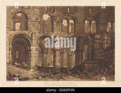 Dieser 1808 erschienene Druck „Holy Island Cathedral“ von Joseph Mallord William Turner und Charles Turner zeigt die Kathedrale auf Holy Island und zeigt architektonische Details, die umgebende Landschaft und die atmosphärische Perspektive, die charakteristisch für topografische Drucke des frühen 19. Jahrhunderts ist. Stockfoto