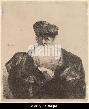 Ein Porträt von Rembrandt van Rijn um 1632, der einen alten Mann mit Bart zeigt, der eine Pelzmütze und einen Samtmantel trägt. Das Werk hebt die Aufmerksamkeit des niederländischen 17. Jahrhunderts auf Gesichtsausdruck, Textur und Beleuchtung hervor. Stockfoto