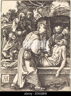 Die Aussage von Albrecht Dürer, vermutlich um 1509–1510, zeigt, wie Christus mit Trauernden vom Kreuz herabgesenkt wird, wobei Gesten, Gesichtsausdrücke, menschliche Anatomie und kompositorische Details im Stil der nördlichen Renaissance betont werden. Stockfoto
