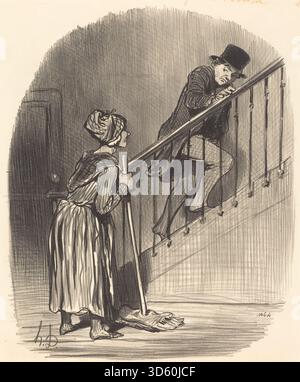 Diese Lithografie von Honoré Daumier aus dem Jahr 1847 mit dem Titel „Ma femme EST-elle à la maison?“ stellt eine häusliche Szene dar, in der die Anwesenheit einer Frau zu Hause in Frage gestellt wird. Sie veranschaulicht das tägliche Leben, die eheliche Interaktion und die soziale Beobachtung im Frankreich des 19. Jahrhunderts. Stockfoto