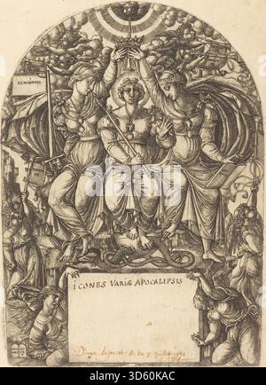In diesem Stich von Jean Duvet, wahrscheinlich aus dem Jahr 1548, ist das zentrale Thema königliche Majestät: Ein gekrönter Monarch auf einem Thron, flankiert von Dienern und Insignien. Das Stück verwendet eine starke hierarchische Komposition und eine komplizierte Gravur, um souveräne würde zu vermitteln. Wikipedia Stockfoto