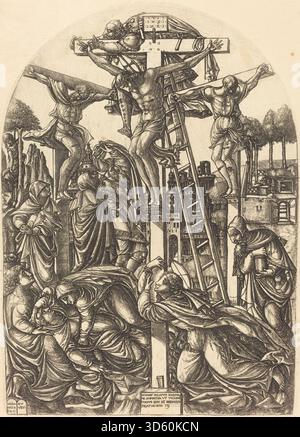 Ein Kupferstich von Jean Duvet um 1550, der die Absetzung Christi darstellt und Figuren zeigt, die Christus vom Kreuz herablassen, mit detaillierten Vorhängen, Gesichtsausdrücken und Landschaftselementen im Stil der französischen Renaissance. Stockfoto