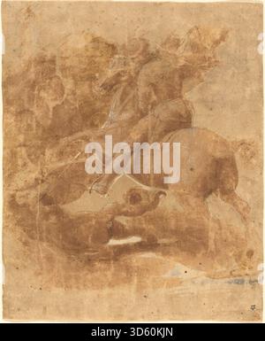 Raphaels Heiliger Georg und der Drache zeigt den gepanzerten Heiligen Georg zu Pferd, hält eine Lanze, greift einen Drachen an, setzt sich gegen die Landschaft, zeigt dynamische Pose, Erzählkomposition der Hochrenaissance. Stockfoto