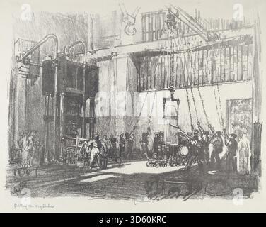 Eine Darstellung des Prozesses „Bottling the Big Shell“ von Joseph Pennell, 1916, zeigt Arbeiter, große Hülle, Werkzeuge, Container und Arbeitsumgebung mit Stift- und Tintenverfahren. Stockfoto