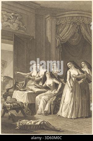 In diesem Druck von Charles Emmanuel Patas nach Jean Honoré Fragonard mit dem Titel „Le pâté d’anguilles“ (der Aalkuchen) wird die Szene einer Erzählung von Jean de La Fontaine als Gravur und Gravur im Werk des Druckers Ende des 18. Jahrhunderts dargestellt und erscheint in der Sammlung Rosenwald der Nationalen Galerie für Kunst. :ContentReference[oaicite:7]{index=7} Stockfoto