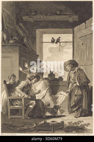 Gravur mit dem Titel „Belphegor“ von 1794 von Charles Emmanuel Patas und Antoine Jean Duclos nach Jean Honoré Fragonard, mit detaillierten Figuren und narrativen Elementen des 18. Jahrhunderts. Stockfoto