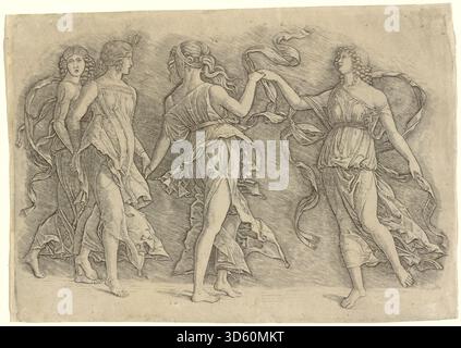 Dieses um 1497 entstandene Werk aus der Werkstatt von Andrea Mantegna, das Zoan Andrea zugeschrieben wurde, zeigt vier tanzende Frauen. Das Kunstwerk zeigt Figuren, Bewegung, fließende Kleidung, Gesten, Rhythmus, italienische Renaissancetechniken und weltliche Themen. Stockfoto