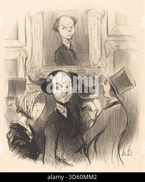 Eine Lithografie von Honoré Daumier aus dem Jahr 1841, die eine Figur darstellt, die mit Stolz oder Zufriedenheit auf ihre Ausstellung reagiert. Das Kunstwerk betont Gesichtsausdruck, Körpersprache und soziale Satire, typisch für Daumiers französische Drucke aus dem 19. Jahrhundert. Stockfoto