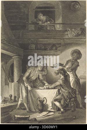Kupferstich von Charles Emmanuel Patas nach Jean Honoré Fragonard mit dem Titel „Le Pate d’anguilles“, der eine Szene aus der französischen Literatur mit detaillierten Figuren und kompositorischen Elementen illustriert. Stockfoto