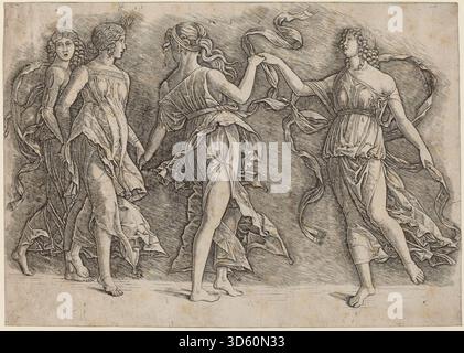 Dieses um 1497 entstandene Werk aus der Werkstatt von Andrea Mantegna, das Zoan Andrea zugeschrieben wurde, zeigt vier tanzende Frauen. Das Kunstwerk zeigt Figuren, fließende Kleidung, Gesten, Rhythmus, italienische Renaissance-Maltechniken und weltliche Gegenstände. Stockfoto