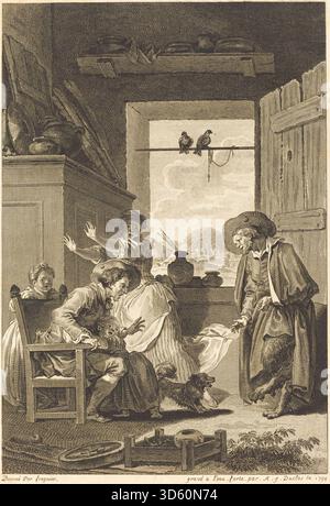 Stich von Charles Emmanuel Patas und Antoine Jean Duclos nach Jean Honoré Fragonard mit dem Kunstwerk „Belphegor“ aus dem Jahr 1794 mit Figuren und narrativen Elementen, die typisch für die französische Illustration des 18. Jahrhunderts sind. Stockfoto