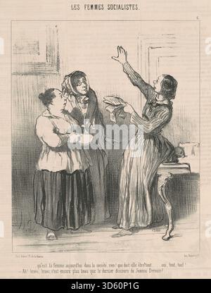 Diese Lithografie aus dem 19. Jahrhundert von Honoré Daumier zeigt eine Reflexion über die Rolle der Frau in der Gesellschaft. Sie zeigt menschliche Figur, Geste, Haltung, Kleidung, Interaktion, öffentliches oder häusliches Umfeld und französischer sozialer Kontext. Stockfoto