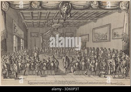 Radierung von Stefano Della Bella aus dem Jahr 1627, die eine Bankettszene mit Figuren darstellt, die um einen Tisch sitzen, essen, trinken und in einer Innen- oder Außenumgebung interagieren. Stockfoto