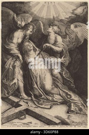 Ein Kupferstich von Willem van der Leeuw nach Rubens, der Mater Dolorosa in Knien zeigt, gestützt von zwei Engeln. Das Werk betont die Jungfrau Maria, Engel, Haltung, Kleidung, Gesten, Ausdrücke und kompositorische Arrangements, die religiöse Andachtskunst des 17. Jahrhunderts widerspiegeln. Stockfoto