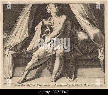 Dieses Gemälde von Jan Muller zeigt Kleopatra in königlicher Kleidung, mit Schmuck geschmückt, vor einem opulenten Innenraum oder einer Landschaft, die ihren königlichen Status und ihre historische Ikonographie um 1592 unterstreicht. Stockfoto