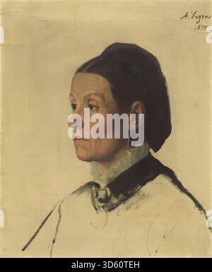 Dieses Porträt von Alphonse Legros aus dem Jahr 1875 zeigt eine Frau mit Gesichtszügen, Ausdruck, Frisur, Kleidung, und realistische Porträttechniken des 19. Jahrhunderts. Stockfoto