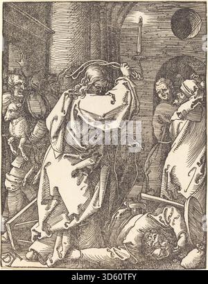 In „Christus, der die Geldgeber aus dem Tempel vertreibt“, um 1509–1510, schildert Dürer Jesus, der Kaufleute aus dem Tempel treibt, mit Schwerpunkt auf Gesten, Gesichtsausdrücken, Architektur und detaillierter Komposition im Stil der nördlichen Renaissance. Stockfoto