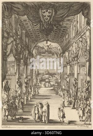 Diese Gravur von Stefano Della Bella zeigt die Beerdigung von Prinz Francesco de Medici mit Prozession, Diener, Katafalken, allegorischen Symbolen, Gesten, Kleidung und italienische Druckkomposition aus dem 17. Jahrhundert. Stockfoto