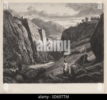 Ein um 1840 entstandenes Gemälde von Charles Francois Daubigny, das den heiligen Jerome in kontemplativer Pose mit Büchern, einem Schädel und einem naturalistischen Landschaftshintergrund darstellt. Stockfoto