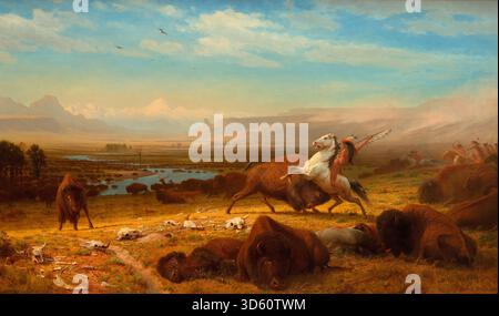 Dieses Gemälde auf Leinwand von Albert Bierstadt aus dem Jahr 1888 zeigt den letzten Büffel mit einer Herde, einer Ebenen Landschaft, einem Himmel, Bergen, Licht, Tieranatomie, naturalistische Details und amerikanischer Westen. Es spiegelt die Konventionen der amerikanischen Landschaftsmalerei des 19. Jahrhunderts wider. Stockfoto