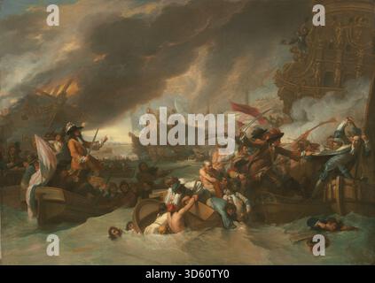 Öl auf Leinwand Gemälde von Benjamin West, das die Schlacht von La Hogue um 1778 zeigt, zeigt Marineschiffe, Rauch, Soldaten und den Seekrieg des späten 18. Jahrhunderts. Stockfoto