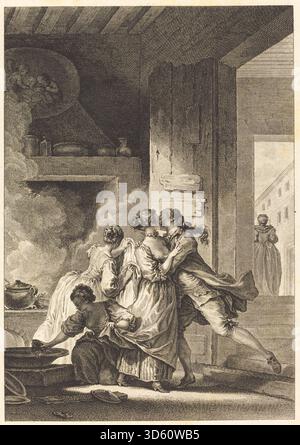 Kupferstich von Charles Emmanuel Patas nach Jean Honoré Fragonard mit dem Namen „on ne s'avise jamais de tout“, in dem Figuren und Szenen mit Stilelementen der französischen Kunst des 18. Jahrhunderts dargestellt werden. Stockfoto
