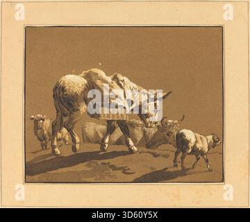 Kupferstich von Johann Gottlieb Prestel nach Joseph Wagner, der einen Esel in einer ländlichen Landschaft mit Bäumen, Hügeln und natürlicher Umgebung darstellt, veröffentlicht 1782. Stockfoto