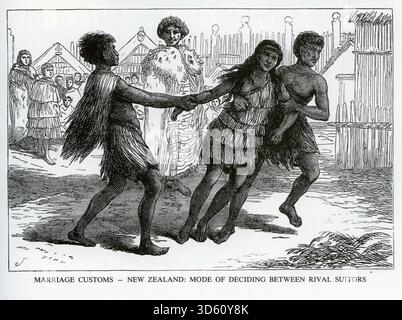 Gravur der Maori-Heiratsbräuche, als zwei rivalisierende Freier die gleiche Braut, Neuseeland, beanspruchen Stockfoto