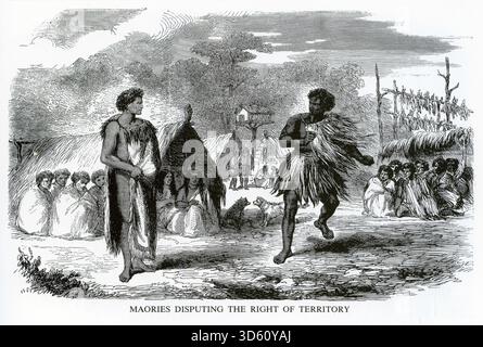 Gravur von Maori-Kriegern, die das Territorialrecht in Neuseeland bestreiten Stockfoto
