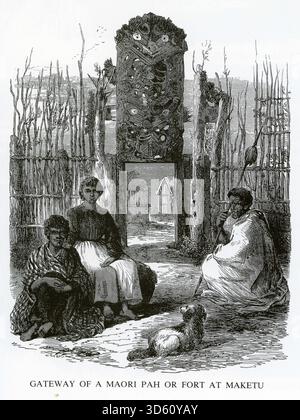 Gravur eines geschnitzten Gates eines Maori PAH oder Forts in Maketu, Neuseeland Stockfoto