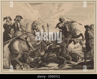 Ein Kupferstich von Willem van der Leeuw nach Rubens, der eine Wolfsjagd darstellt. Die Arbeit konzentriert sich auf Jäger, Wölfe, Pferde, Waffen, Gesten, Ausdruck, Landschaft und Action, die Kompositionen der Jagdszene aus dem 17. Jahrhundert widerspiegeln. Stockfoto