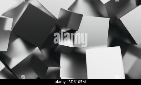 Abstrakte 3D-Metallwürfel - Dunkler reflektierender geometrischer Hintergrund mit Unschärfe. 3D-Rendering Stockfoto