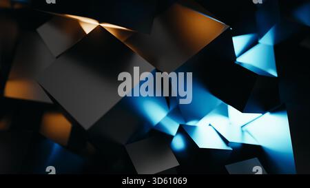 Abstrakter Hintergrund dunkler 3D-Würfel – Render mit blauer und orangefarbener Lichttechnologie. 3D-Rendering Stockfoto