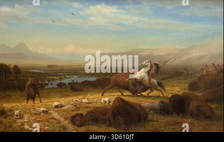 Das Gemälde zeigt eine Gruppe amerikanischer Bisons in einer natürlichen Landschaft, die die Tiere in ihrem natürlichen Lebensraum während des späten 19. Jahrhunderts einfangen. Sie unterstreicht die Größe und Stärke des Büffels und die Weite der westlichen Ebenen. Stockfoto
