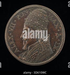 Eine Medaille von Gasparo Morone Mola, die Alexander VII. (Fabio Chigi, 1599–1667), Papst aus dem Jahr 1655 darstellt, auf der Vorderseite mit Profilporträt, detaillierten Gesichtszügen, päpstlicher Kleidung und klassischem Medaillenstil. Stockfoto