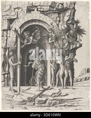 Dieses Werk aus der Werkstatt von Andrea Mantegna um 1475–1480, das Zoan Andrea zugeschrieben wurde, stellt den Abstieg in Limbo dar. Das Kunstwerk zeigt Christus, Engel, Seelen, architektonische Elemente, Gesten, Vorhänge und italienische Renaissance-Maltechniken. Stockfoto