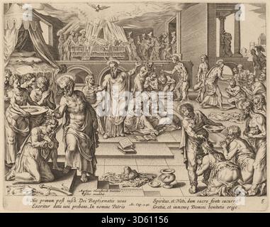 Ein Kupferstich von Philip Galle nach Maerten van Heemskerck, der zahlreiche getaufte Figuren zeigt. Das Kunstwerk beleuchtet Wasser, Gesten, religiöses Ritual, Ausdrücke, Komposition, und im Stil der Druckerei des späten 16. Jahrhunderts. Stockfoto