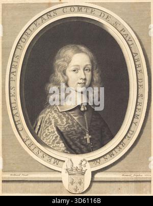 Ein Porträt von Robert Nanteuil aus dem Jahr 1660, das Charles-Paris d'Orléans-Longueville, Comte de Saint-Pol, zeigt Gesichtszüge, Frisur, Kleidung, Körperhaltung und aufwändige Gravur, die typisch für französische Porträts aus dem 17. Jahrhundert ist. Stockfoto