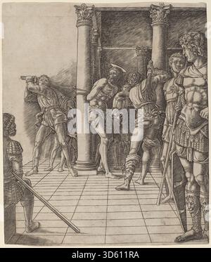 Dieses Werk aus der Werkstatt von Andrea Mantegna um 1475–1480, das Zoan Andrea zugeschrieben wurde, stellt die Geißelung Christi mit dem Pflaster dar. Das Kunstwerk zeigt Christus, Geißeln, Soldaten, architektonische Pflaster, Vorhänge, Gesten, italienische Renaissance-Techniken und religiöse Themen. Stockfoto