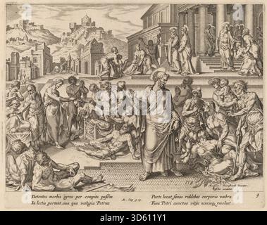 Ein Stich von Philipp Galle nach Maerten van Heemskerck, der den Heiligen Peter mit seinem Schatten zeigt. Das Werk betont Figuren, Gesten, wundersame Handlungen, religiöse Symboliken und kompositorische Arrangements, die typisch für Drucke des späten 16. Jahrhunderts sind. Stockfoto
