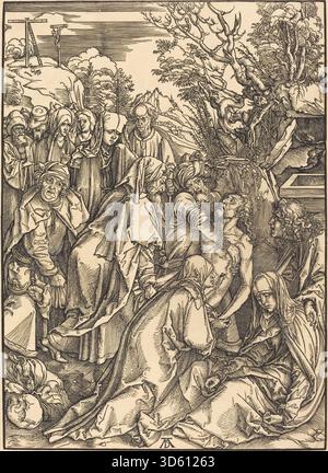 Die von Albrecht Dürer um 1497 gemalte Abschrift zeigt, wie Christus vom Kreuz genommen wird, was menschliche Emotionen, Gesten, Komposition und die detaillierte Darstellung umgebender Figuren hervorhebt. Stockfoto