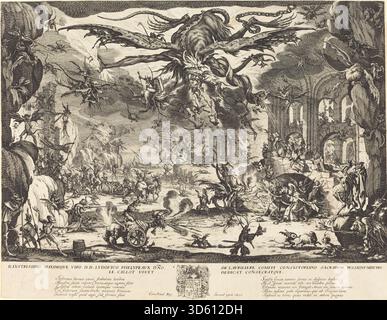 Radierung von Jacques Callot im Jahr 1635, die die zweite Version der Verführung des Heiligen Antonius darstellt. Das Kunstwerk betont den Heiligen Antonius, symbolische Figuren, Kleidung, Haltung und die europäische christliche Ikonographie des frühen 17. Jahrhunderts. Stockfoto