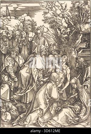 Die von Albrecht Dürer um 1497 geschaffene Abschrift zeigt die Entfernung Christi vom Kreuz und betont Gesten, menschliche Gesten, Trauerausdrücke und detaillierte Komposition im Stil der Nördlichen Renaissance. Stockfoto