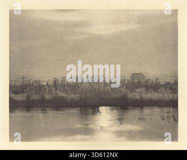 Ein Schwarzweiß-Foto, das Frost- und Reimkristalle zeigt, die sich bei kaltem Wetter auf der Vegetation bilden. Das Bild betont komplizierte Eisformationen auf Pflanzen und Oberflächen mit detaillierten Texturen und Mustern, die durch Frost entstehen. Die Komposition fängt die zarte Interaktion von Licht und Frost in einer natürlichen Umgebung ein. Stockfoto