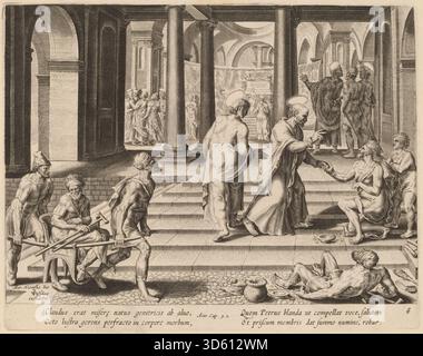 Dieser Stich von Philipp Galle nach Maerten van Heemskerck zeigt die Heiligen Peter und Johannes, die einen Krüppel am Tempeltor heilen, mit Gesten, architektonischen Elementen und hingebungsvoller Erzählung. Stockfoto
