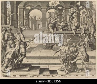 Dieser Stich von Philipp Galle nach Maerten van Heemskerck aus dem Jahr 1569 zeigt die biblische Szene des Abschlachtes der Priester von Samaria, darunter Figuren, Waffen, Kleidung, Architektur, Gesten und Ausdrücke. Stockfoto
